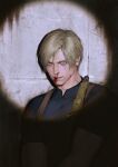  1boy absurdres blonde_hair blood blood_on_face blue_eyes curtained_hair frown highres holster kenny_(poe90) leon_s._kennedy looking_at_viewer male_focus parted_lips resident_evil resident_evil_4 resident_evil_4_(remake) searchlight shadow shirt short_hair shoulder_holster simple_background solo t-shirt tight_clothes tight_shirt tile_wall tiles upper_body 