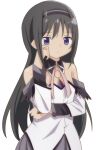  1girl absurdres akemi_homura bare_shoulders black_collar black_hair closed_mouth collar detached_collar detached_sleeves grey_skirt hand_up hateri highres long_hair long_sleeves looking_at_viewer magical_girl mahou_shoujo_madoka_magica mahou_shoujo_madoka_magica:_walpurgis_no_kaiten neck_ribbon pink_ribbon purple_eyes ribbon shirt simple_background skirt solo upper_body white_background white_shirt 