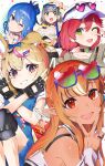  5girls :d alternate_costume baseball_cap black_gloves blonde_hair blue_eyes blue_hair blush eyewear_on_head facial_mark fingerless_gloves gloves green_eyes grey_hair grin hair_ornament hairclip hat heart heart-shaped_eyewear heart_hair_ornament highres hololive hoshimachi_suisei hoshimachi_suisei_(4th_costume) looking_at_viewer low_twintails multiple_girls omaru_polka orange_eyes pink_hair rokka_(rokka_013a) sakura_miko shiranui_flare shiranui_kensetsu shirogane_noel_(3rd_costume) short_hair smile sunglasses twintails v v-shaped_eyebrows 