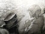  2boys bangs cane cowboy_hat filame_(filamen0112) from_above greyscale hat highres holding holding_cane kenny_(shingeki_no_kyojin) lake male_focus monochrome multiple_boys robe shingeki_no_kyojin short_hair uri_reiss wind 