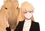  1girl 34fa11inlove alternate_costume animal black_jacket blazer blonde_hair buttons closed_mouth collared_shirt fingernails hand_on_animal high_ponytail horse jacket kirari_hikaru lapels long_hair long_sleeves looking_at_viewer magia_record:_mahou_shoujo_madoka_magica_gaiden mahou_shoujo_madoka_magica open_clothes open_jacket orange_eyes portrait shirt smile solo split_mouth swept_bangs white_shirt 