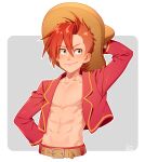  1boy abs adjusting_clothes adjusting_headwear belt blue_eyes border brown_belt brown_hair collarbone earrings hair_between_eyes hat jewelry kiri_futoshi long_sleeves male_focus open_clothes open_shirt panchito_pistoles personification red_hair red_shirt shirt short_hair smile solo sombrero the_three_caballeros white_border 
