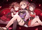  3girls aiba_yumi arm_around_waist artist_name bare_shoulders black_choker black_corset black_gloves black_pantyhose black_shorts blurry blurry_foreground blush breasts brown_eyes brown_hair choker cleavage closed_mouth corset couch crossed_legs dot_nose dress falling_petals floral_print flower frilled_dress frills gloves green_eyes gum_(vivid_garden) hair_ribbon hairband hat hat_flower idolmaster idolmaster_cinderella_girls idolmaster_cinderella_girls_starlight_stage igarashi_kyoko jacket knee_up long_hair looking_at_viewer medium_breasts midriff mini_hat multiple_girls on_couch open_clothes open_jacket pantyhose petals pink_flower pink_nails print_shirt purple_flower purple_shirt red_background red_dress red_ribbon ribbon sandals shibuya_rin shirt short_hair short_sleeves shorts side_ponytail signature single_leg_pantyhose smile thorns two-tone_ribbon white_flower 