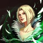  1girl benedikta_harman black_background blonde_hair bob_cut breasts classystaches cleavage collarbone falling_feathers feather_trim final_fantasy final_fantasy_xvi green_eyes parted_bangs parted_lips portrait short_hair smile solo twitter_username upper_body 
