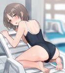  1boy ass back beach_chair blush brown_eyes brown_hair bulge chair commentary from_behind looking_at_viewer on_chair open_mouth original otoko_no_ko outdoors penis penis_peek pool school_swimsuit short_hair sidelocks solo sunaba_(nczd5875) swimsuit wet wet_clothes 