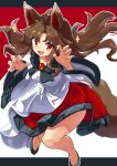  1girl animal_ears breasts brooch brown_hair dress full_body highres imaizumi_kagerou jewelry layered_dress long_hair long_sleeves medium_breasts open_mouth red_dress red_eyes smile solo tail touhou uisu_(noguchipint) white_dress wide_sleeves wolf_ears wolf_tail 