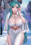  1girl avatar_(wow) blue_eyes blue_hair blurry blurry_background breasts capelet cleavage collarbone dracthyr dress earrings english_commentary envelope fur-trimmed_capelet fur_trim grey_capelet hair_behind_ear highres horns jewelry large_breasts long_hair looking_at_viewer necklace outdoors pointy_ears ring smile solo tree very_long_hair warcraft white_dress wings world_of_warcraft yiiande 