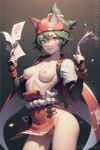  1girl belt bottomless breasts facepaint fingerless_gloves fox_mask gloves glowing glowing_eyes green_hair hakama headgear highres japanese_clothes kiriko_(overwatch) mask midriff miko navel nipples nontraditional_miko overwatch overwatch_2 ponytail small_breasts small_nipples topless watermark 