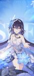  1girl bare_shoulders birthday blue_background breasts character_name chest_tattoo chinese_commentary colored_inner_hair dress flower hair_between_eyes hair_flower hair_ornament happy_birthday highres honkai_(series) honkai_impact_3rd long_hair looking_at_viewer medium_breasts multicolored_hair navel official_art official_wallpaper open_hands open_mouth seele_vollerei seele_vollerei_(herrscher_of_rebirth) signature solo tattoo white_dress white_headwear 
