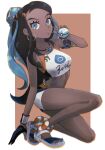  1girl armlet bare_arms bare_shoulders belly_chain black_hair blue_eyes blue_eyeshadow blue_hair breasts dark-skinned_female dark_skin dive_ball dynamax_band earrings eyeshadow gloves hair_bun highres hoop_earrings jewelry long_hair makeup medium_breasts midriff multicolored_hair navel necklace nessa_(pokemon) parted_hair poke_ball pokemon pokemon_(game) pokemon_swsh rebanira_kaisan shirt shorts single_glove single_hair_bun sleeveless sleeveless_shirt solo sports_bra swimsuit two-tone_hair 