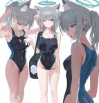  1girl adjusting_hair animal_ear_fluff animal_ears bag bare_arms bare_shoulders blue_archive blue_eyes breasts cat_ears cleavage closed_eyes collarbone competition_swimsuit covered_navel cross_hair_ornament extra_ears feet_out_of_frame grey_hair hair_ornament hair_tie_in_mouth halo highres hood_(james_x) large_breasts looking_at_viewer medium_breasts medium_hair mouth_hold multiple_views official_alternate_costume one-piece_swimsuit one_eye_closed parted_lips ponytail shiroko_(blue_archive) shiroko_(swimsuit)_(blue_archive) sidelocks simple_background standing swimsuit thighs two-tone_swimsuit tying_hair white_background wolf_ears 