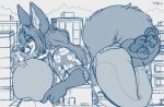  2018 4_toes 5_fingers aloha_shirt anthro astrid_(foxgamer01) aussie_luvtail bedroom_eyes between_breasts big_breasts big_tail biped blue_and_white bottomwear breasts canid canine city clothed clothing damaged_building duo eye_contact feet felid female fingers flustered fox gloves_(marking) huge_breasts larger_anthro larger_female looking_at_another lying macro male mammal markings monochrome narrowed_eyes on_front open_clothing open_shirt open_topwear outside pantherine pants pattern_clothing pattern_shirt pattern_topwear seductive shirt size_difference smaller_anthro smaller_male snow_leopard spot_color standing tail teaselbone toes topwear 