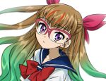  1girl brown_hair glasses hair_ribbon knhrpnkt long_hair looking_at_viewer multicolored_hair neckerchief ohdo_yuamu parted_lips purple_eyes red-framed_eyewear red_neckerchief red_ribbon ribbon school_uniform serafuku simple_background two-tone_hair very_long_hair white_background yu-gi-oh! yu-gi-oh!_go_rush!! 
