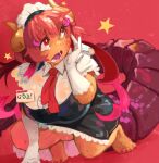  1girl bare_legs barefoot breasts bright_pupils brown_horns dragon_girl dragon_horns dragon_tail gloves hand_up highres horns huge_breasts ilulu_(maidragon) khyle. kobayashi-san_chi_no_maidragon long_hair name_tag open_mouth pink_hair red_background red_eyes sharp_teeth simple_background solo star_(symbol) tail teeth white_gloves white_pupils 