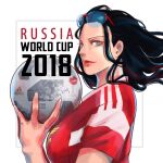  1girl 2018 2018_fifa_world_cup alternate_costume artist_name ball black_hair blue_eyes closed_mouth english_text eyewear_on_head holding holding_ball k164 lipstick_mark long_hair looking_at_viewer nico_robin one_piece russia shirt short_sleeves smile soccer soccer_ball soccer_uniform solo sportswear sunglasses world_cup 