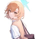  1girl bag blue_archive blue_halo blush brown_eyes brown_hair brown_vest chiyo_akira closed_mouth hair_between_eyes halo highres looking_at_viewer misaka_mikoto school_uniform shirt short_hair short_sleeves simple_background smile solo toaru_kagaku_no_railgun toaru_majutsu_no_index tokiwadai_school_uniform upper_body vest white_background white_shirt 