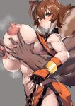  1boy 1girl animal_ears antenna_hair bare_shoulders blazblue blush breasts brown_eyes brown_hair commentary_request cowboy_shot dark-skinned_male dark_skin deep_skin fingerless_gloves from_side gloves grabbing grabbing_another&#039;s_breast grabbing_from_behind grey_background hetero huge_breasts looking_at_viewer looking_to_the_side makoto_nanaya muscular muscular_male nipples short_hair simple_background solo_focus sowel_(sk3) squirrel_ears squirrel_tail steaming_body sweat tail tears very_sweaty 