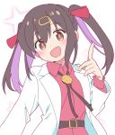  1girl :d brown_eyes brown_hair hair_ornament hairclip index_finger_raised ixy lab_coat long_sleeves looking_at_viewer multicolored_hair onii-chan_wa_oshimai! oyama_mihari purple_hair red_shirt shirt simple_background smile solo twintails two-tone_hair white_background 