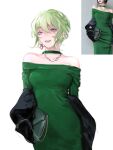  bag bare_shoulders choker crysangria curvy dress earrings green_dress green_hair handbag highres honkai_(series) honkai_impact_3rd jacket jewelry looking_down mobius_(honkai_impact) off-shoulder_dress off_shoulder photo-referenced purple_eyes short_hair smile standing 