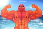  abs anthro beach big_muscles epic_games fish fish_thicc_(fortnite) flexing flexing_both_biceps fortnite hi_res looking_at_viewer male marine miasmaaxel muscular muscular_male nipples orange_body seaside smile smirk solo suntan tan_line water water_drop 