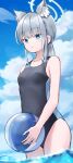  1girl absurdres animal_ear_fluff animal_ears ball beachball blue_archive blue_eyes blue_sky blurry cloud cloudy_sky collarbone commentary_request competition_swimsuit depth_of_field grey_hair hair_between_eyes halo highres holding holding_ball holding_beachball horizon in_water looking_at_viewer low_ponytail matsushika medium_hair mismatched_pupils ocean official_alternate_costume one-piece_swimsuit parted_lips school_swimsuit shiroko_(blue_archive) shiroko_(swimsuit)_(blue_archive) sidelocks sketch sky sleeveless solo swimsuit wolf_ears wolf_girl 