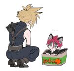  2boys animal_ears animal_hands armor belt black_pants black_suit black_tail blonde_hair boots box brown_footwear cardboard_box cat_boy cat_ears chibi cloud_strife earrings facial_mark final_fantasy final_fantasy_vii goggles goggles_on_head green_eyes in_box in_container jewelry large_belt looking_down male_focus multiple_boys open_mouth pants pauldrons red_hair reno_(ff7) short_hair shoulder_armor silver_earrings single_earring single_pauldron sitting sleeveless sleeveless_turtleneck spiked_pauldrons squatting suit suspenders sweater tail ttnoooo turtleneck turtleneck_sweater white_background 