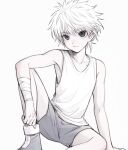  1boy bandaged_arm bandages black_eyes closed_mouth grey_footwear grey_shorts hair_between_eyes highres hunter_x_hunter kiko killua_zoldyck looking_at_viewer male_focus shoes shorts simple_background sitting solo spiked_hair tank_top white_background white_hair white_tank_top 