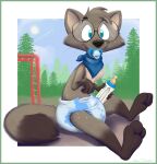  anthro bottle clothed clothing container dadeotter diaper eyewear glasses gulonine hi_res infantilism male mammal marten mustelid musteline object_in_mouth pacifier pacifier_in_mouth pine_marten playground solo wearing_diaper zenfetcher 