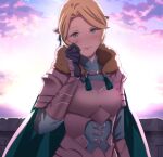  1girl armor balcony blonde_hair cape cloud fire_emblem fire_emblem:_three_houses gloves green_eyes ingrid_brandl_galatea long_sleeves looking_at_viewer outdoors pomelomelon shirt short_hair sky smile solo 