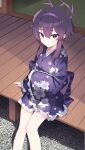  1girl absurdres blue_archive breasts closed_mouth feet_out_of_frame floral_print flower hair_between_eyes hair_flower hair_ornament hairband halo haruka_(blue_archive) haruka_(new_year)_(blue_archive) highres japanese_clothes kimono long_sleeves looking_at_viewer medium_hair purple_eyes purple_hair purple_kimono rock short_kimono sidelocks sitting small_breasts solo veranda wide_sleeves yuku~ 