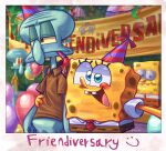  anthro balloon banner blue_eyes buckteeth cephalopod clothing coleoid detailed_background duo eyelashes hat headgear headwear hi_res inflatable lidded_eyes male marine mollusk necktie nickelodeon octopodiform octopus open_mouth open_smile party_hat red_eyes sea_sponge shirt sidruni smile spongebob_squarepants spongebob_squarepants_(character) squidward_tentacles teeth toony topwear 