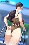  1girl adjusting_clothes adjusting_swimsuit alternate_costume ass bare_shoulders black_hair blush breasts brown_eyes brown_one-piece_swimsuit dripping fire_emblem fire_emblem_engage food_in_mouth full-face_blush gold_trim highres holding large_breasts long_hair looking_at_viewer looking_back mitan_(fire_emblem) mouth_hold one-piece_swimsuit outdoors ponytail pool pool_ladder popsicle_in_mouth solo swimsuit thighs twitter_username wet wet_clothes wet_swimsuit wide_hips yamanata 