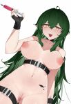  1girl :d absurdres arknights belt black_belt breasts cowboy_shot gavial_(arknights) green_hair hair_between_eyes heart heart-shaped_pupils highres holding holding_syringe large_breasts long_hair looking_at_viewer navel nude open_mouth pointy_ears pussy shiershishisanfen simple_background smile solo symbol-shaped_pupils syringe teeth thigh_strap uncensored upper_teeth_only white_background yellow_eyes 