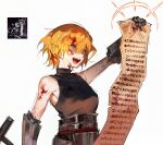  1girl affliction_(darkest_dungeon) armor black_shirt blonde_hair blood blood_in_hair blood_on_clothes blood_on_face commentary crazy_smile crusader_(darkest_dungeon) darkest_dungeon don_quixote_(limbus_company) gauntlets highres holding holding_nail holding_scroll limbus_company looking_to_the_side nail open_mouth project_moon scroll shigure_(unininaritai) shirt short_hair simple_background sleeveless sleeveless_shirt smile solo turtleneck upper_body white_background yellow_eyes 