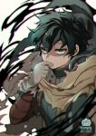  1boy artist_logo artist_name bags_under_eyes black_whip_(boku_no_hero_academia) blurry blurry_background blurry_foreground bodysuit boku_no_hero_academia cape chromatic_aberration dated_commentary depth_of_field floating_cape floating_clothes freckles from_side gloves green_bodysuit green_eyes green_hair grey_gloves hair_between_eyes hand_to_own_mouth hand_up hobak looking_at_another looking_to_the_side male_focus midoriya_izuku narrowed_eyes official_alternate_costume pixiv_id short_hair shoulder_strap sideways_glance soft_focus spoilers tendril torn_cape torn_clothes torn_sleeves twitter_username upper_body white_background whitt_pupils yellow_cape 