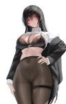  1girl absurdres black_bra black_hair black_jacket blush bra breasts cameltoe cleavage collared_shirt commission covered_navel from_below grape_ade_(cardslash2001) grin hand_on_own_hip highres jacket lace-trimmed_bra lace_trim large_breasts long_hair long_sleeves looking_at_viewer nipples off_shoulder original pantyhose red_eyes shirt shirt_rolled_up simple_background smile solo thighband_pantyhose underwear white_background white_shirt 