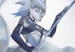  anthro armwear blue_armwear blue_clothing blue_eyes blue_hair blue_jewelry blue_necklace blue_topwear clothed clothing female fur grey_body grey_fur grey_hair hair hi_res holding_object jewelry looking_at_viewer necklace open_mouth shermugi simple_background solo topwear white_background white_body white_fur 