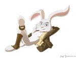  anthro bottomless chickenhare_and_the_hamster_of_darkness clothed clothing crossed_legs diam_snow floppy_ears hands_behind_head hare jacket lagomorph leporid looking_at_viewer male mammal open_clothing open_shirt open_topwear rabbit shirt solo topwear 