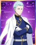  1boy belt blue_hair crossed_arms gloves idolmaster idolmaster_side-m idolmaster_side-m_growing_stars kuzunoha_amehiko light_blue_hair male_focus official_art solo v-shaped_eyebrows white_gloves 