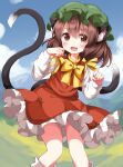  1girl :d animal_ear_fluff animal_ears blush boots bow bowtie brown_eyes brown_hair cat_ears chen cloud commentary_request day fang gold_trim hair_between_eyes hands_up happy hat highres knees_together_feet_apart long_sleeves looking_at_viewer mob_cap nekomata outdoors paw_pose red_skirt red_vest ruu_(tksymkw) skin_fang skirt skirt_set smile solo standing touhou vest yellow_bow yellow_bowtie 
