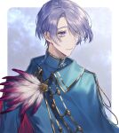  1boy airm blue_cloak blue_jacket border brooch buttons cloak collared_cloak diamond_button eyes_visible_through_hair feathers genzuki_toujirou gold_trim hair_over_one_eye highres jacket jewelry looking_to_the_side male_focus nijisanji outside_border purple_eyes purple_hair short_hair sky smile solo star_(sky) starry_sky upper_body virtual_youtuber white_border 