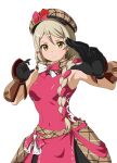  86-shiki blonde_hair braid braided_ponytail brown_scarf fire_emblem fire_emblem_engage flannel framme_(fire_emblem) hair_between_eyes highres looking_at_viewer pink_hair plaid_headwear scarf side_ponytail single_braid wrist_guards yellow_eyes 