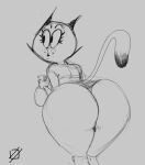  2018 anthro artist_logo bent_over big_butt big_eyes butt butt_focus clothed clothed_anthro clothed_female clothing curved_eyebrows digital_drawing_(artwork) digital_media_(artwork) dipstick_tail domestic_cat eyebrows eyelashes felid feline felis female freckles greyscale guide_lines head_turned hi_res holding_object holding_spray_bottle logo long_tail long_whiskers looking_aside mammal markings mature_anthro mature_female monochrome mother_puss no_irises open_mouth panties prick_ears pupils round_head sixsidesofmyhead sketch small_nose solo spray_bottle tail tail_markings the_complex_adventures_of_eddie_puss thick_thighs underwear webcomic whiskers 