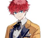  1boy amagi_hiiro aqua_eyes black_bow black_bowtie bow bowtie breast_pocket buttons closed_mouth commentary_request earrings ensemble_stars! hoop_earrings jewelry korean_commentary lapels looking_at_viewer male_focus nong_345 notched_lapels official_alternate_costume pocket red_hair short_hair simple_background solo star_(symbol) upper_body white_background 
