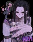  &lt;o&gt;_&lt;o&gt; 1boy black_background black_eyes black_hair expressionless highres holding holding_needle hunter_x_hunter illumi_zoldyck long_hair long_sleeves looking_at_viewer male_focus needle nen_(hunter_x_hunter) pin simple_background solo upper_body ziyuuuuuuda 