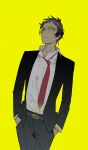  1boy adachi_tooru belt black_hair black_jacket black_pants brown_belt business_suit collared_shirt commentary cowboy_shot grey_eyes hands_in_pockets jacket kaninn long_sleeves looking_to_the_side male_focus necktie open_clothes open_jacket open_mouth pants persona persona_4 red_necktie shirt short_hair simple_background solo standing suit sunglasses symbol-only_commentary white_shirt yellow_background 