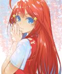  1girl :t blue_eyes closed_mouth from_side go-toubun_no_hanayome hair_between_eyes hair_ornament highres hirokiku long_hair nakano_itsuki red_hair red_sweater shirt short_sleeves solo star_(symbol) star_hair_ornament straight_hair sweater sweater_vest upper_body very_long_hair white_shirt 