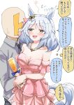  1boy 1girl alternate_costume animal_ears blush breasts brown_eyes collarbone commentary_request cup dress drinking_glass drunk grey_hair hair_between_eyes hair_ornament hishi_miracle_(umamusume) holding_hands horse_ears horse_girl horse_tail jewelry looking_at_another medium_breasts necklace nodachi_(artist) open_mouth t-head_trainer tail translation_request umamusume uniform white_background wine_glass 