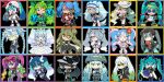  6+girls beanie blue_hair bug_miku_(project_voltage) chibi cloak commentary dark-skinned_female dark_miku_(project_voltage) dark_skin double_bun dragon_miku_(project_voltage) electric_miku_(project_voltage) fairy_miku_(project_voltage) fighting_miku_(project_voltage) fire_miku_(project_voltage) flying_miku_(project_voltage) ghost_miku_(project_voltage) glitch goggles goggles_on_head gradient_hair grass_miku_(project_voltage) grey_hair ground_miku_(project_voltage) hair_bun hat hatsune_miku highres ice_hair ice_miku_(project_voltage) liquid_hair multicolored_hair multiple_girls multiple_persona nise_dorothia normal_miku_(project_voltage) pale_skin pink_hair poison_miku_(project_voltage) poke_ball poke_ball_(basic) pokemon pom_pom_(cheerleading) project_voltage psychic_miku_(project_voltage) purple_hair rock_miku_(project_voltage) smile spiked_hair steel_miku_(project_voltage) sunglasses twintails two-tone_hair vocaloid water_miku_(project_voltage) 