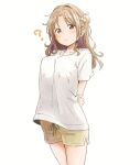  1girl ? arms_behind_back blush breasts eitopondo hair_bun highres ichikawa_hinana idolmaster idolmaster_shiny_colors large_breasts light_brown_hair looking_at_viewer parted_bangs shirt short_sleeves shorts simple_background single_side_bun solo white_background white_shirt yellow_shorts 